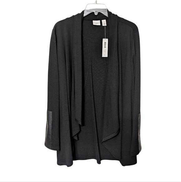 Weekends By Chico's Gwendolen Black Faux Leather Wrist Patch Draped Cardigan L - Picture 1 of 8
